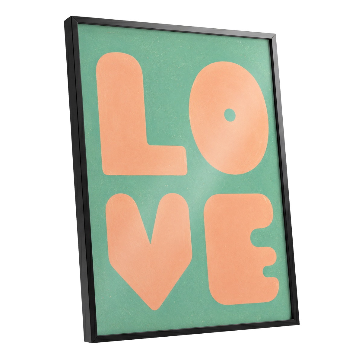 Peach Love Letters, green, orange, pink minimalist wall art shown as a black framed poster wall art print