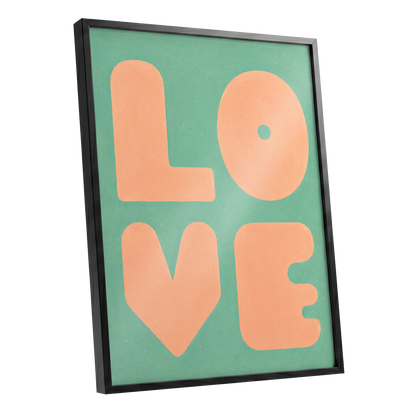 Peach Love Letters, green, orange, pink minimalist wall art shown as a black framed poster wall art print