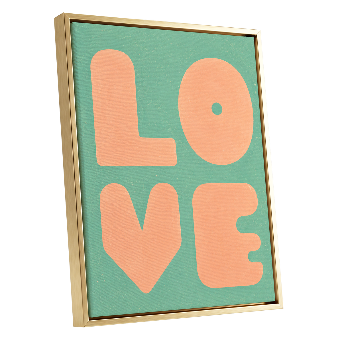 Peach Love Letters, green, orange, pink minimalist wall art shown as a gold framed canvas wall art
