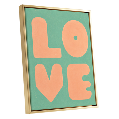 Peach Love Letters, green, orange, pink minimalist wall art shown as a gold framed canvas wall art