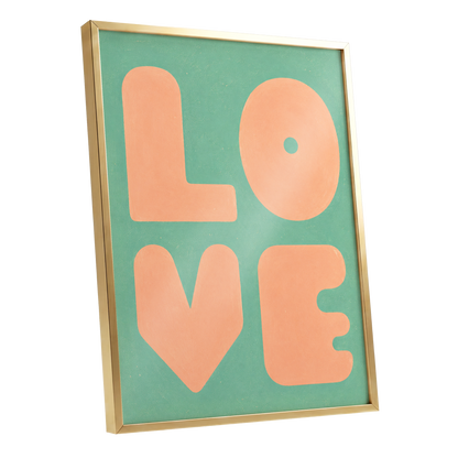 Peach Love Letters, green, orange, pink minimalist wall art shown as a gold framed poster wall art print
