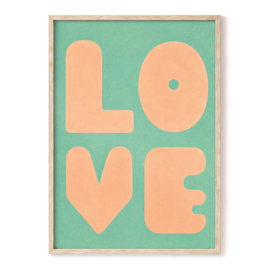 Peach Love Letters, green, orange, pink minimalist wall art, front artwork view