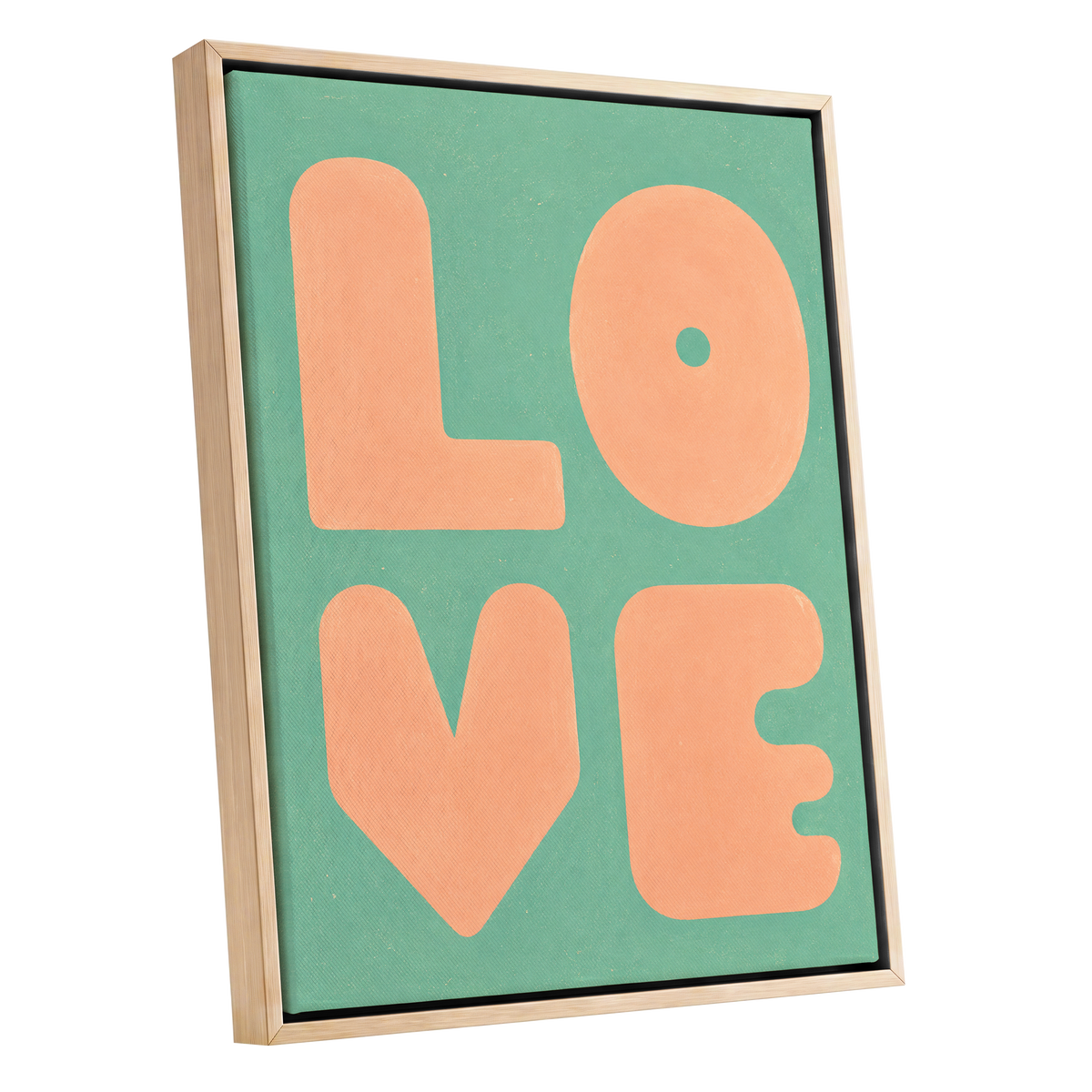 Peach Love Letters, green, orange, pink minimalist wall art shown as a oak framed canvas wall art