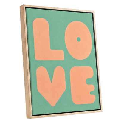 Peach Love Letters, green, orange, pink minimalist wall art shown as a oak framed canvas wall art