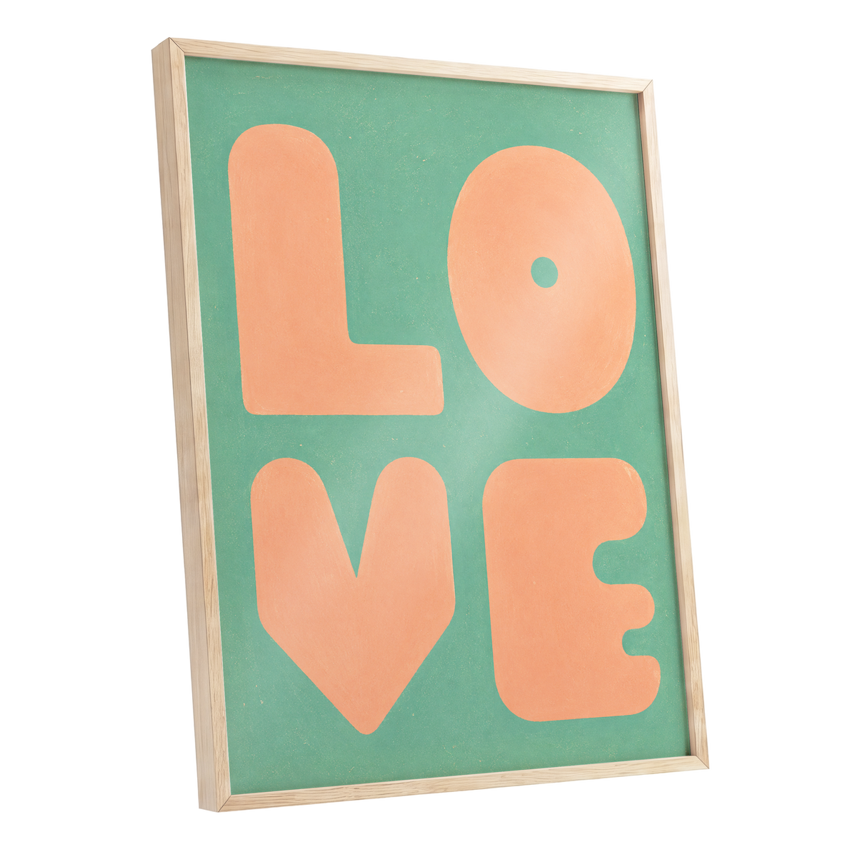 Peach Love Letters, green, orange, pink minimalist wall art shown as a oak framed poster wall art print