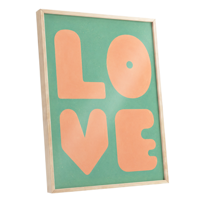 Peach Love Letters, green, orange, pink minimalist wall art shown as a oak framed poster wall art print