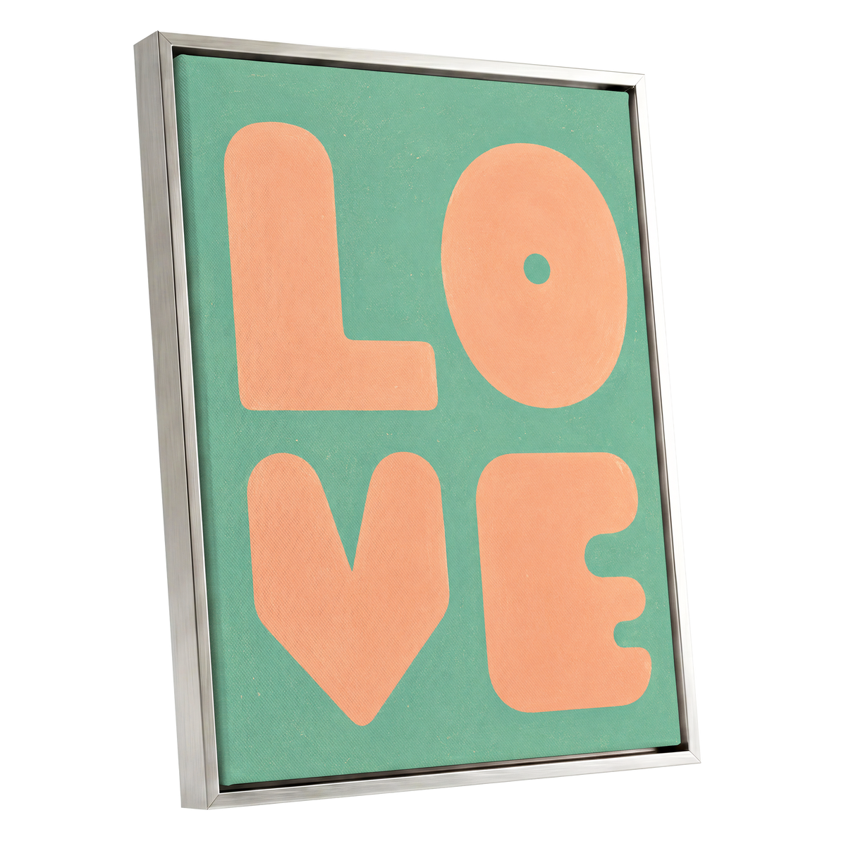 Peach Love Letters, green, orange, pink minimalist wall art shown as a silver framed canvas wall art