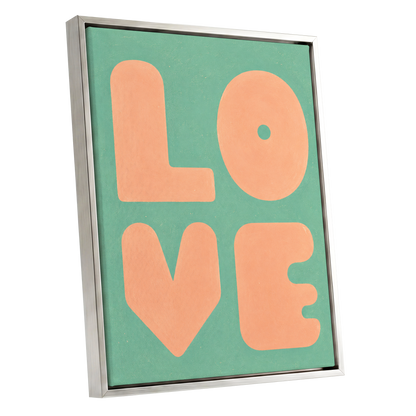 Peach Love Letters, green, orange, pink minimalist wall art shown as a silver framed canvas wall art