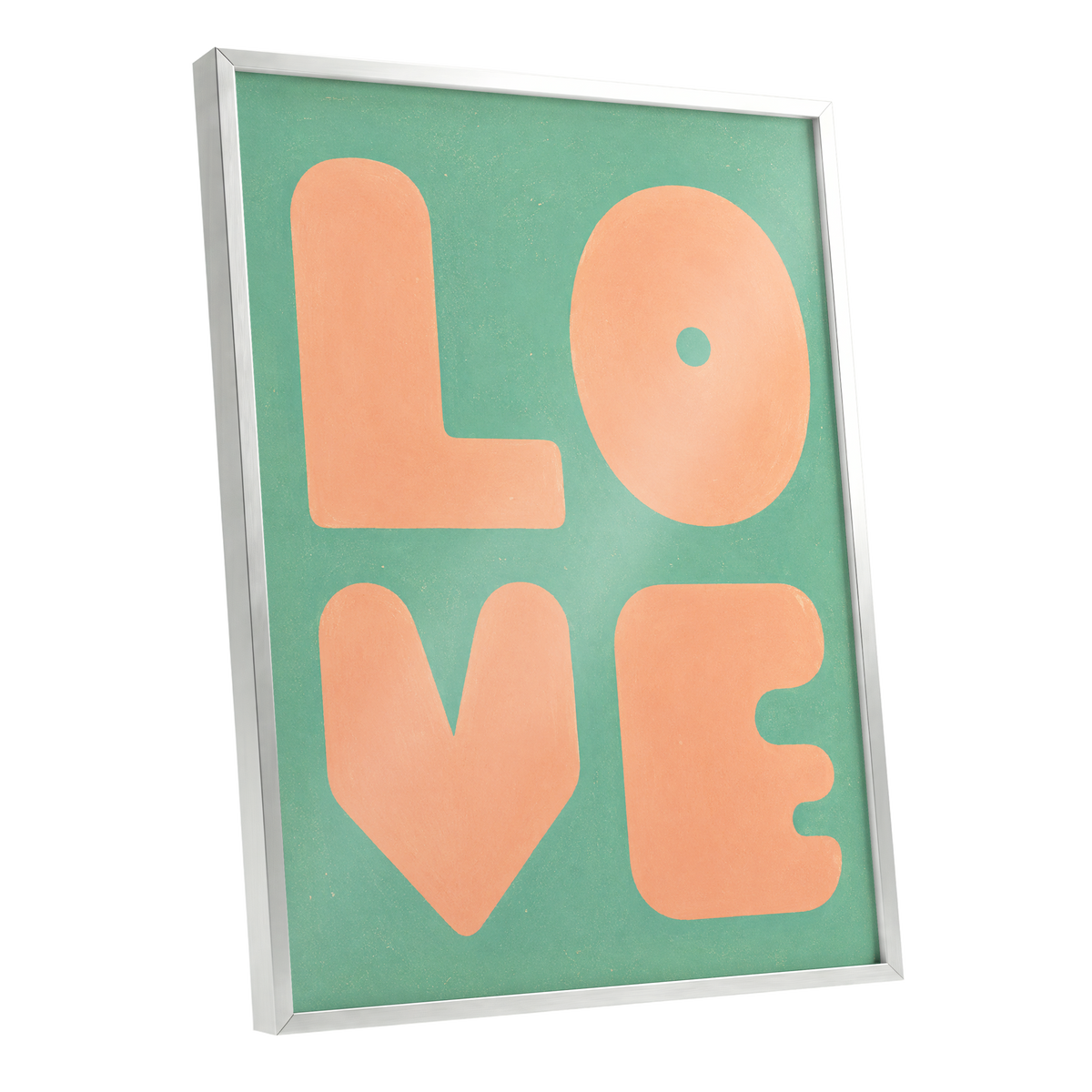 Peach Love Letters, green, orange, pink minimalist wall art shown as a silver framed poster wall art print