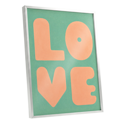 Peach Love Letters, green, orange, pink minimalist wall art shown as a silver framed poster wall art print