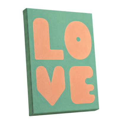 Peach Love Letters, green, orange, pink minimalist wall art shown as a stretched canvas wall art