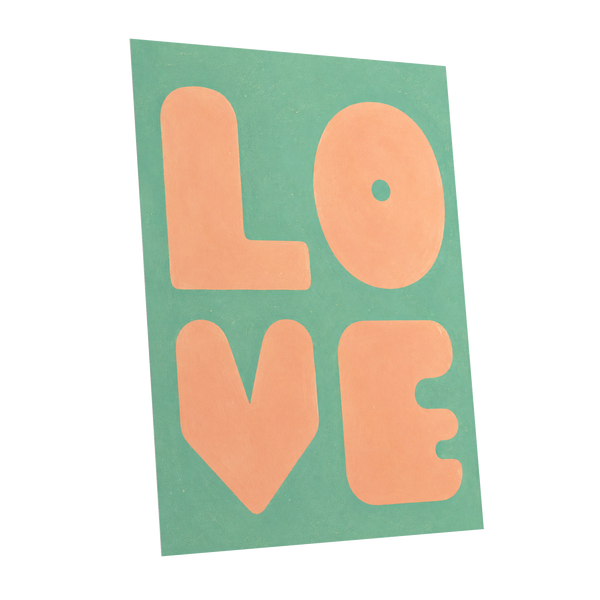 Peach Love Letters, green, orange, pink minimalist wall art shown as a unframed poster wall art print