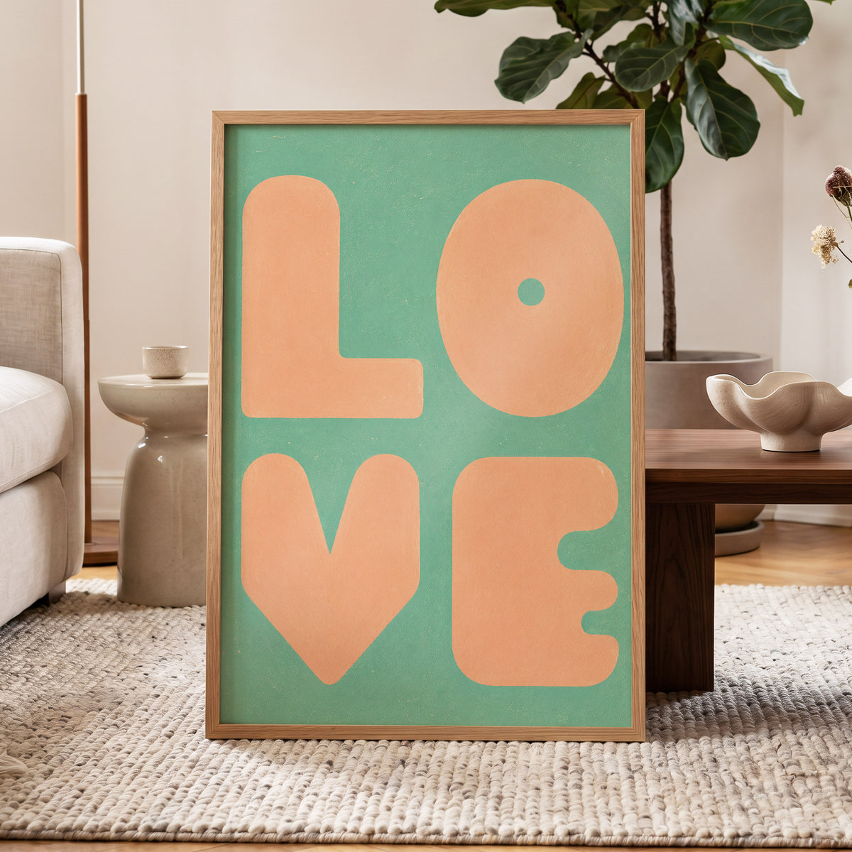 Peach Love Letters, green, orange, pink minimalist wall art displayed in a styled interior, gallery view 2