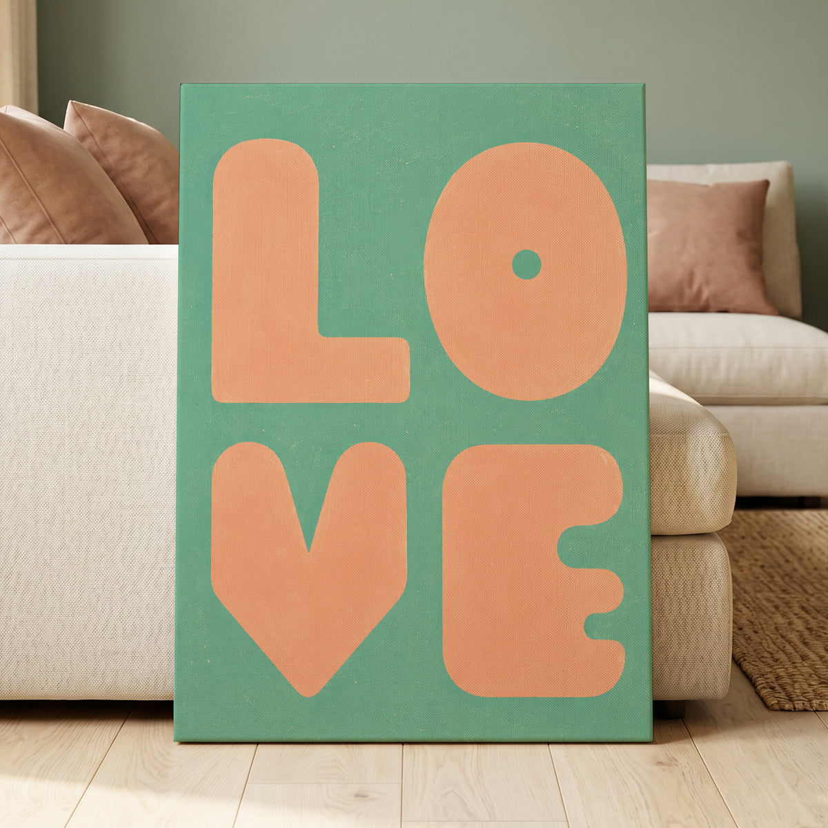 Peach Love Letters, green, orange, pink minimalist wall art displayed in a styled interior, gallery view 3