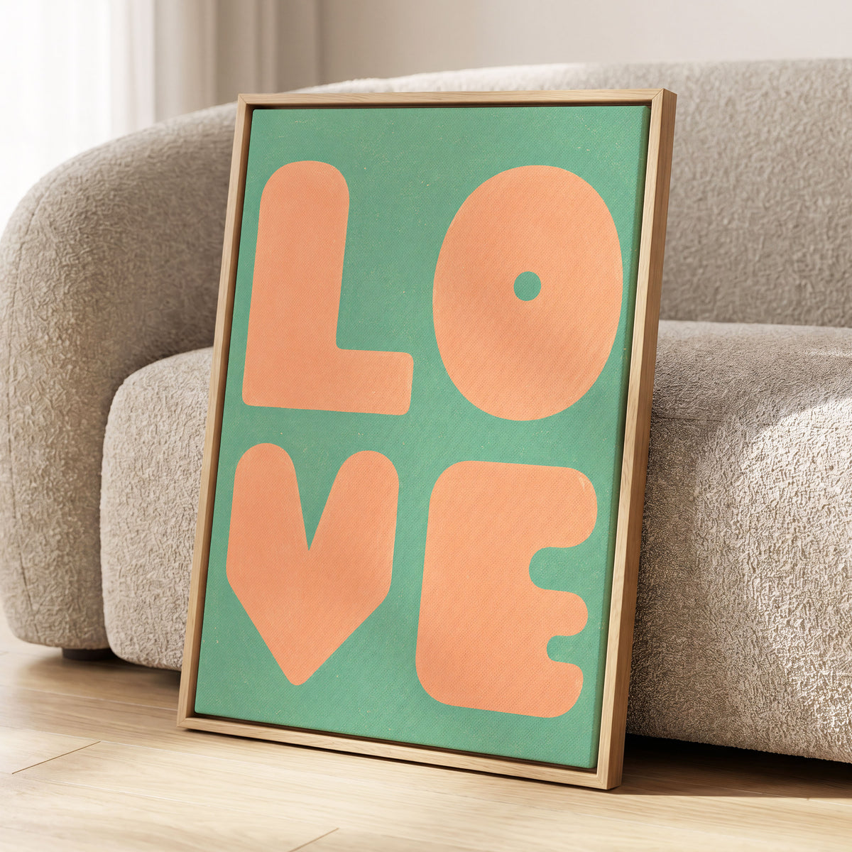Peach Love Letters, green, orange, pink minimalist wall art displayed in a styled interior, gallery view 4