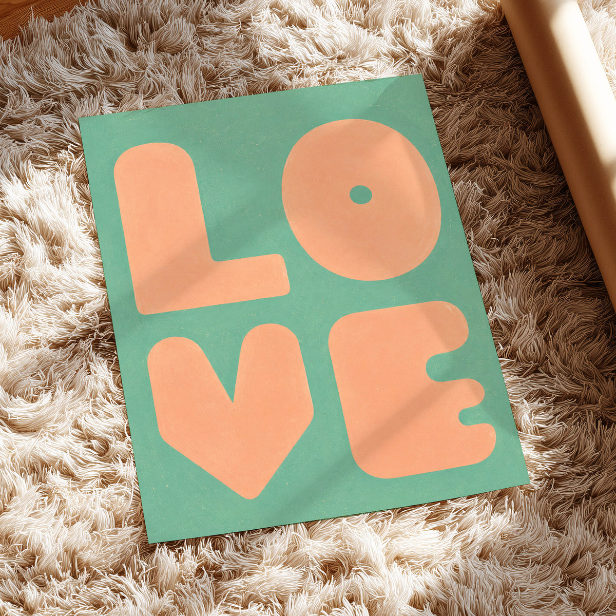 Peach Love Letters, green, orange, pink minimalist wall art displayed in a styled interior, gallery view 5