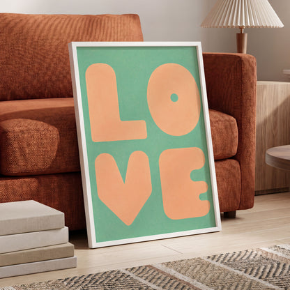Peach Love Letters, green, orange, pink minimalist wall art displayed in a styled interior, gallery view 6
