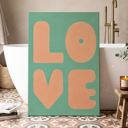Peach Love Letters, green, orange, pink minimalist wall art displayed in a styled interior, gallery view 7
