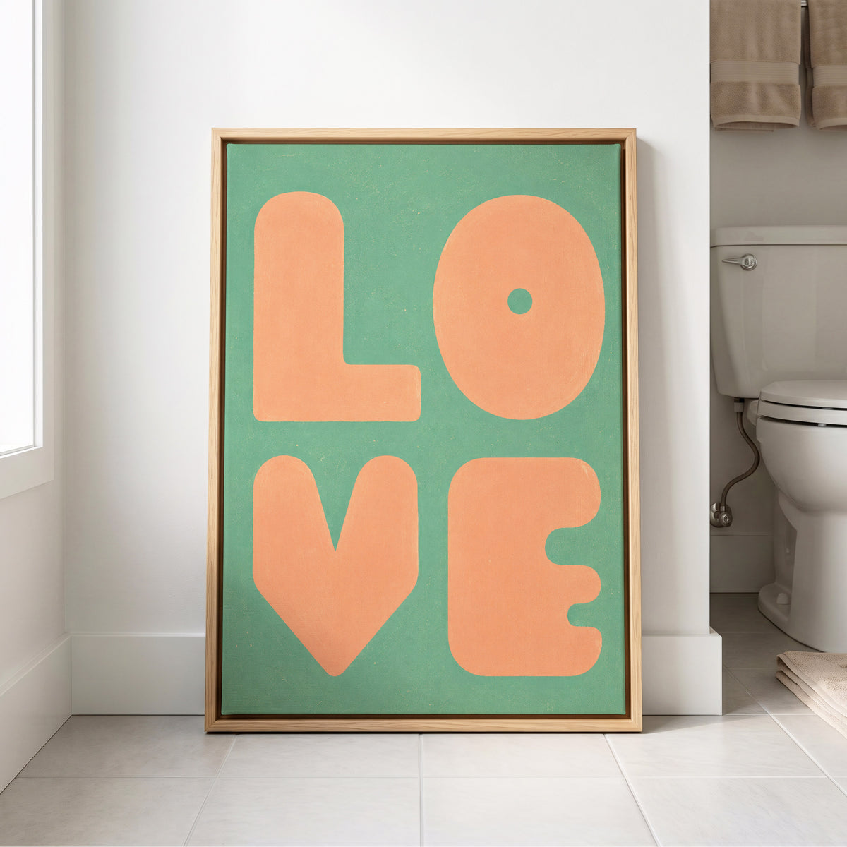 Peach Love Letters, green, orange, pink minimalist wall art displayed in a styled interior, gallery view 8