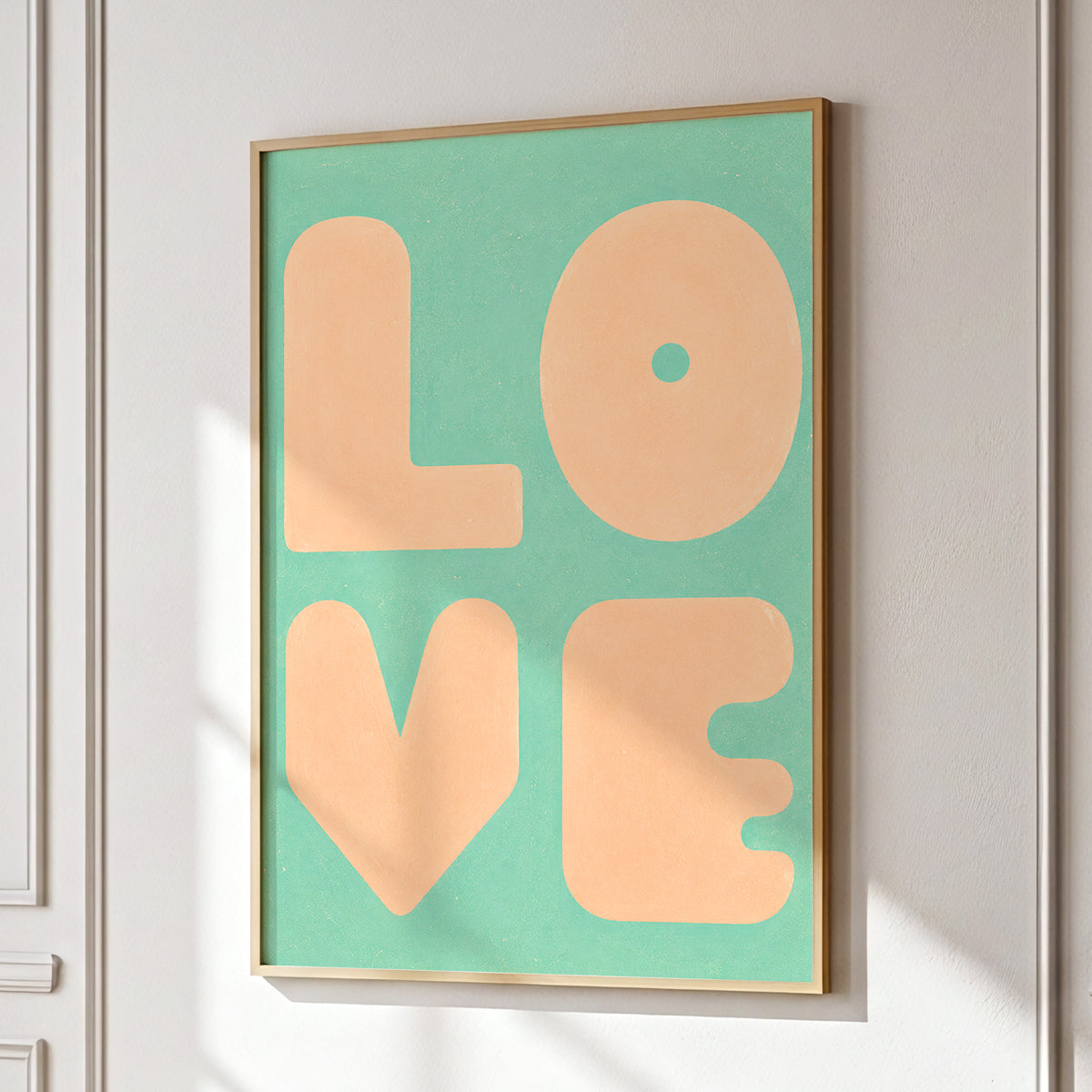 Peach Love Letters, green, orange, pink minimalist wall art displayed in a styled interior, gallery view 9