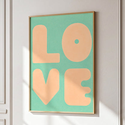 Peach Love Letters, green, orange, pink minimalist wall art displayed in a styled interior, gallery view 9
