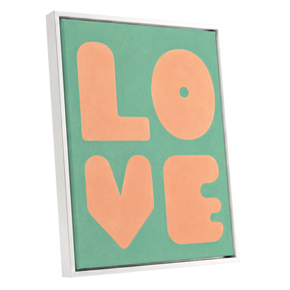 Peach Love Letters, green, orange, pink minimalist wall art shown as a white framed canvas wall art