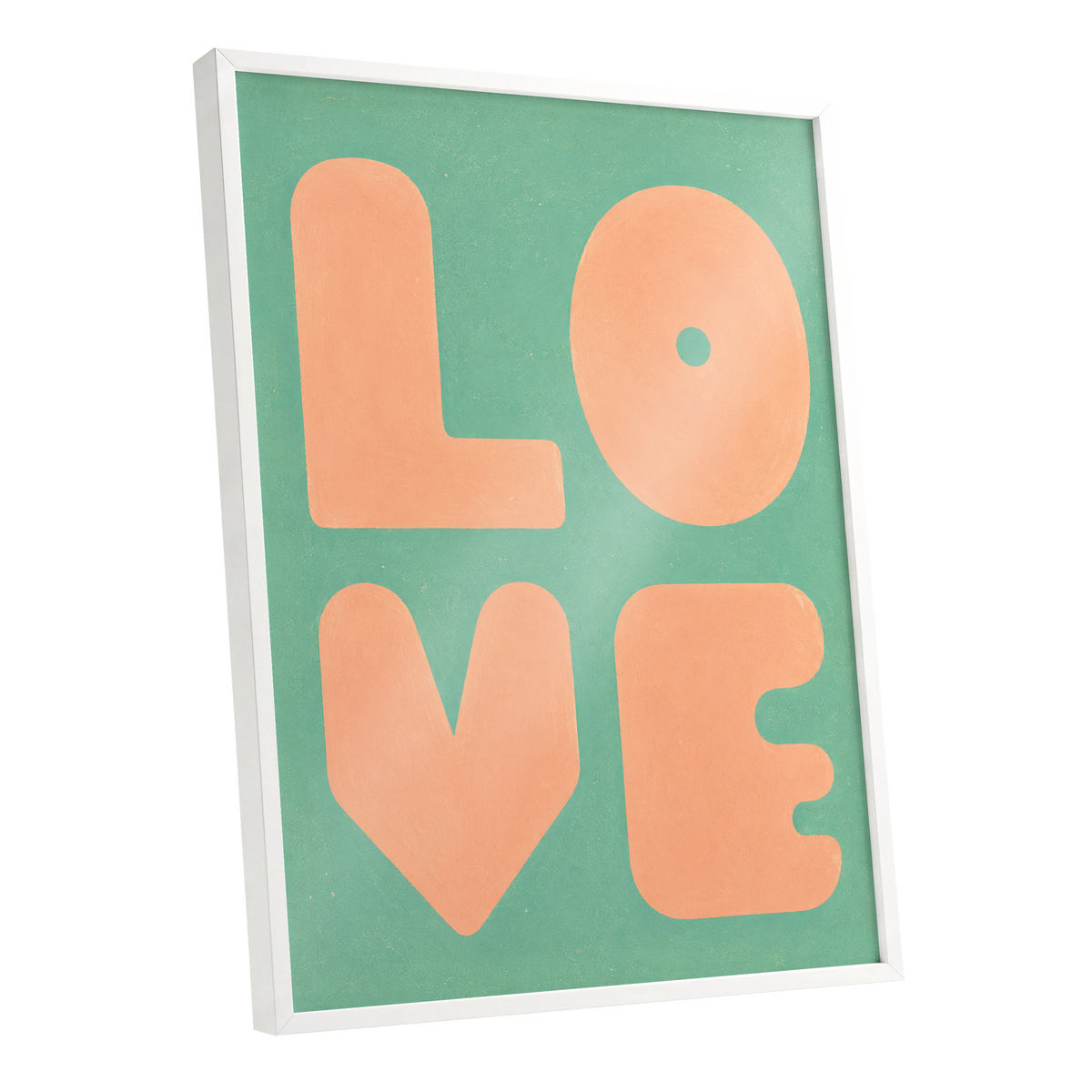 Peach Love Letters, green, orange, pink minimalist wall art shown as a white framed poster wall art print