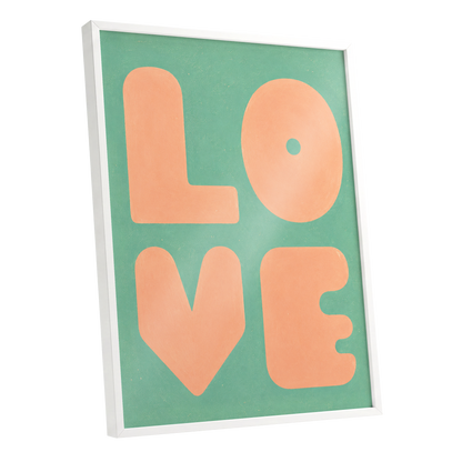 Peach Love Letters, green, orange, pink minimalist wall art shown as a white framed poster wall art print