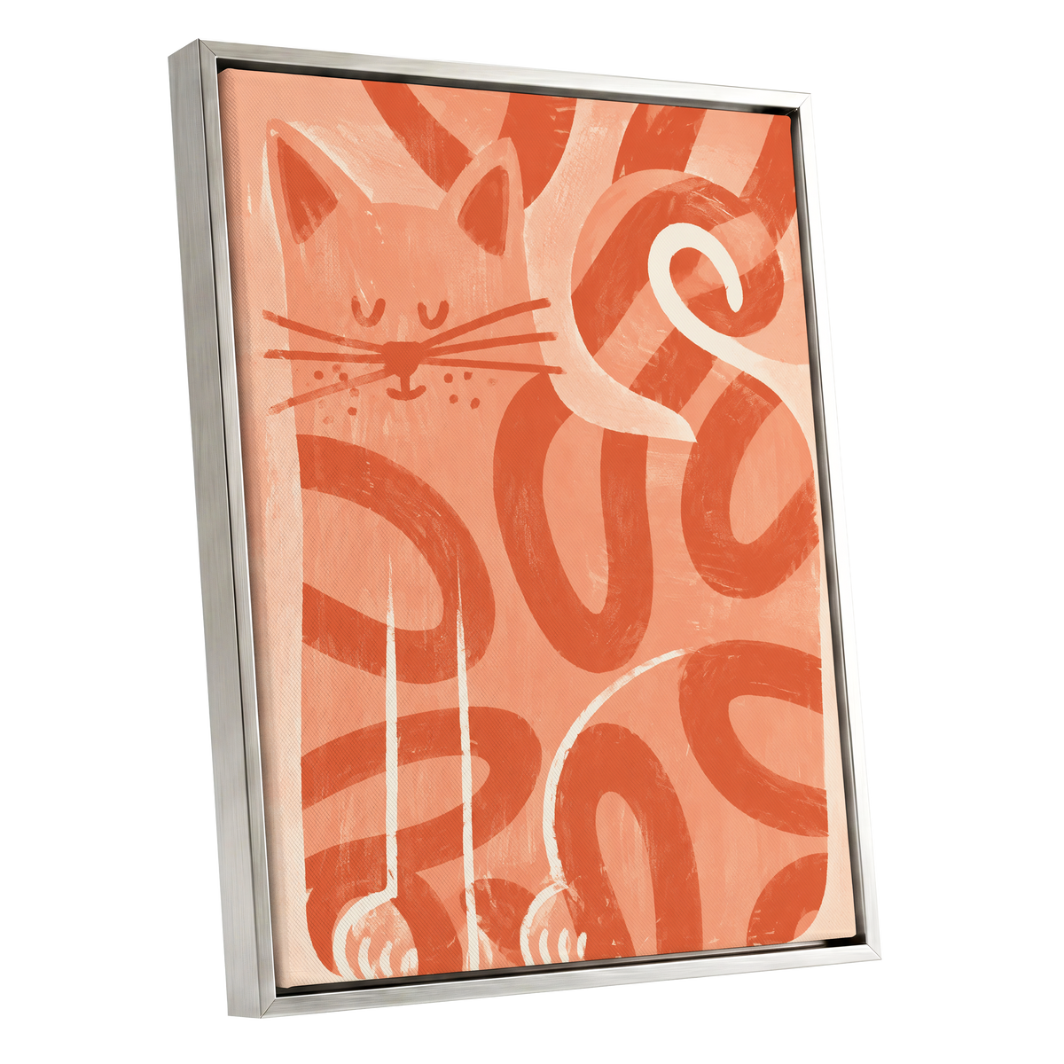 Peach Purr, pink, orange, white nature wall art shown as a silver framed canvas wall art