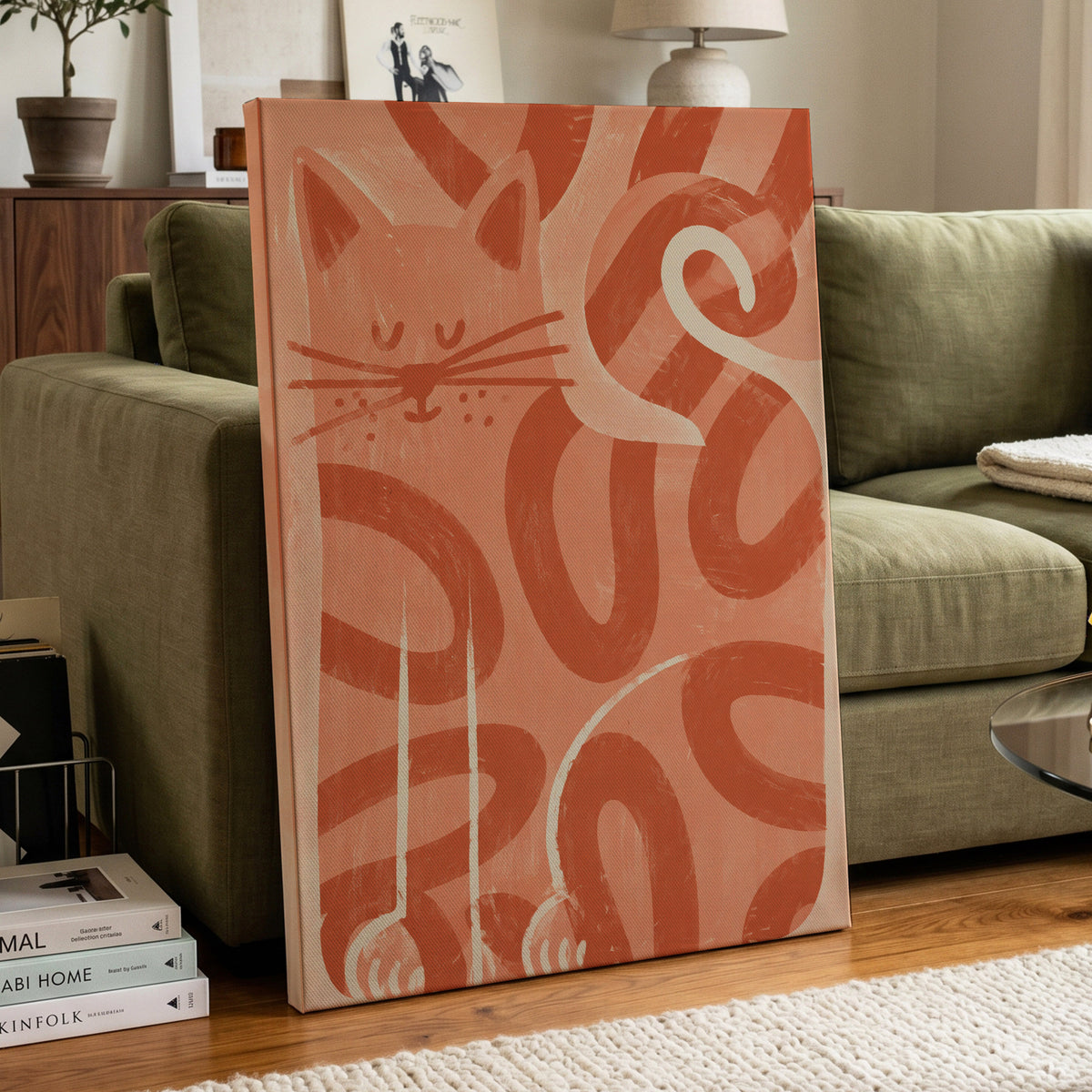 Peach Purr, pink, orange, white nature wall art displayed in a styled interior, gallery view 3