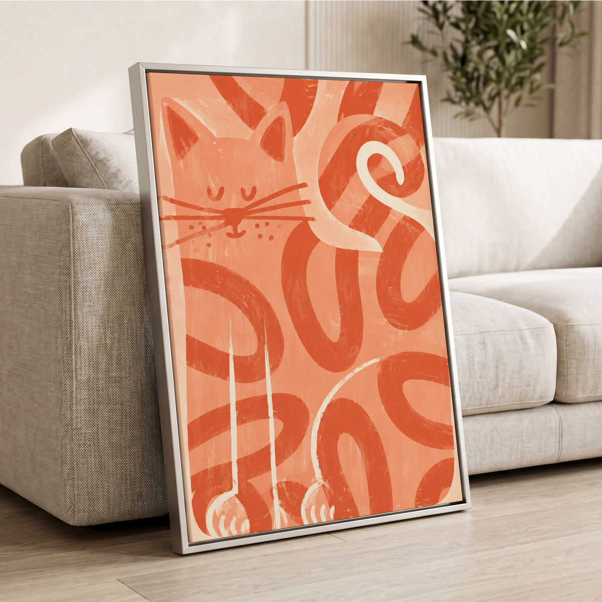 Peach Purr, pink, orange, white nature wall art displayed in a styled interior, gallery view 4