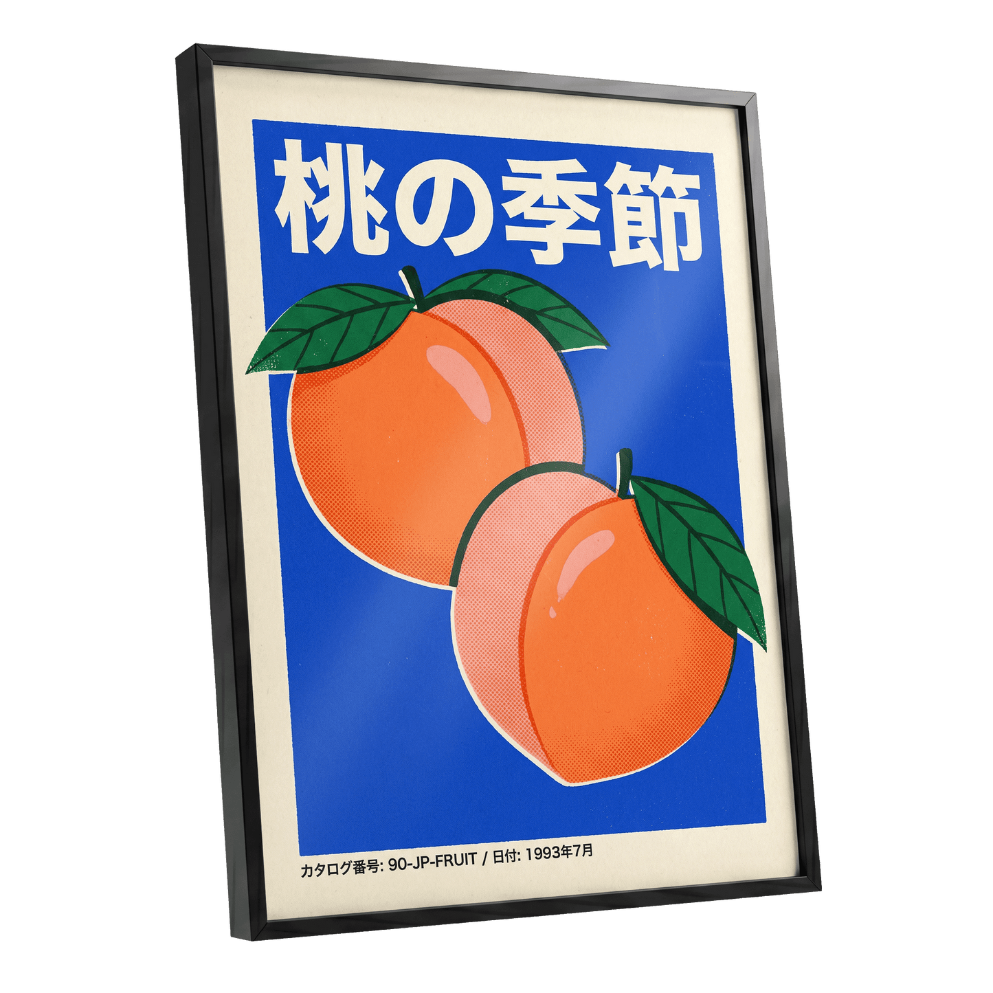 Peach Season in Blue, blue, orange, green nature wall art shown as a black framed poster wall art print