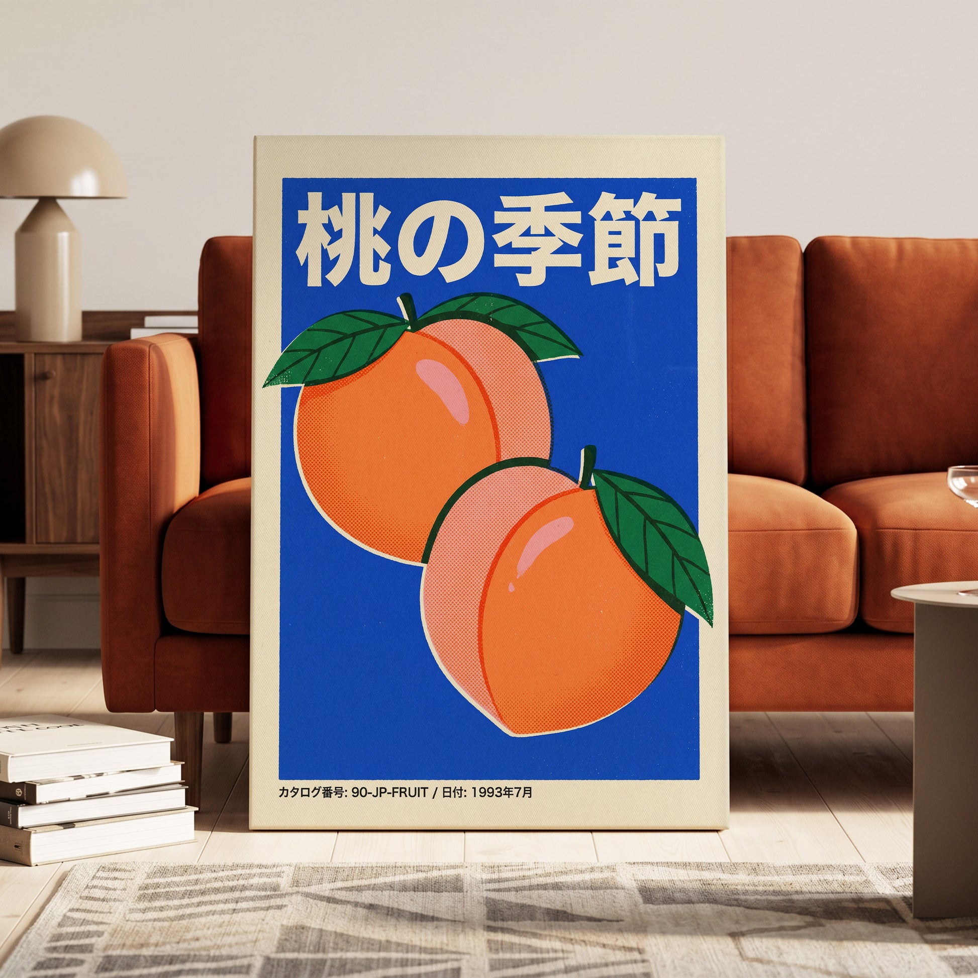 Peach Season in Blue, blue, orange, green nature wall art on canvas displayed in a styled interior, gallery view 1