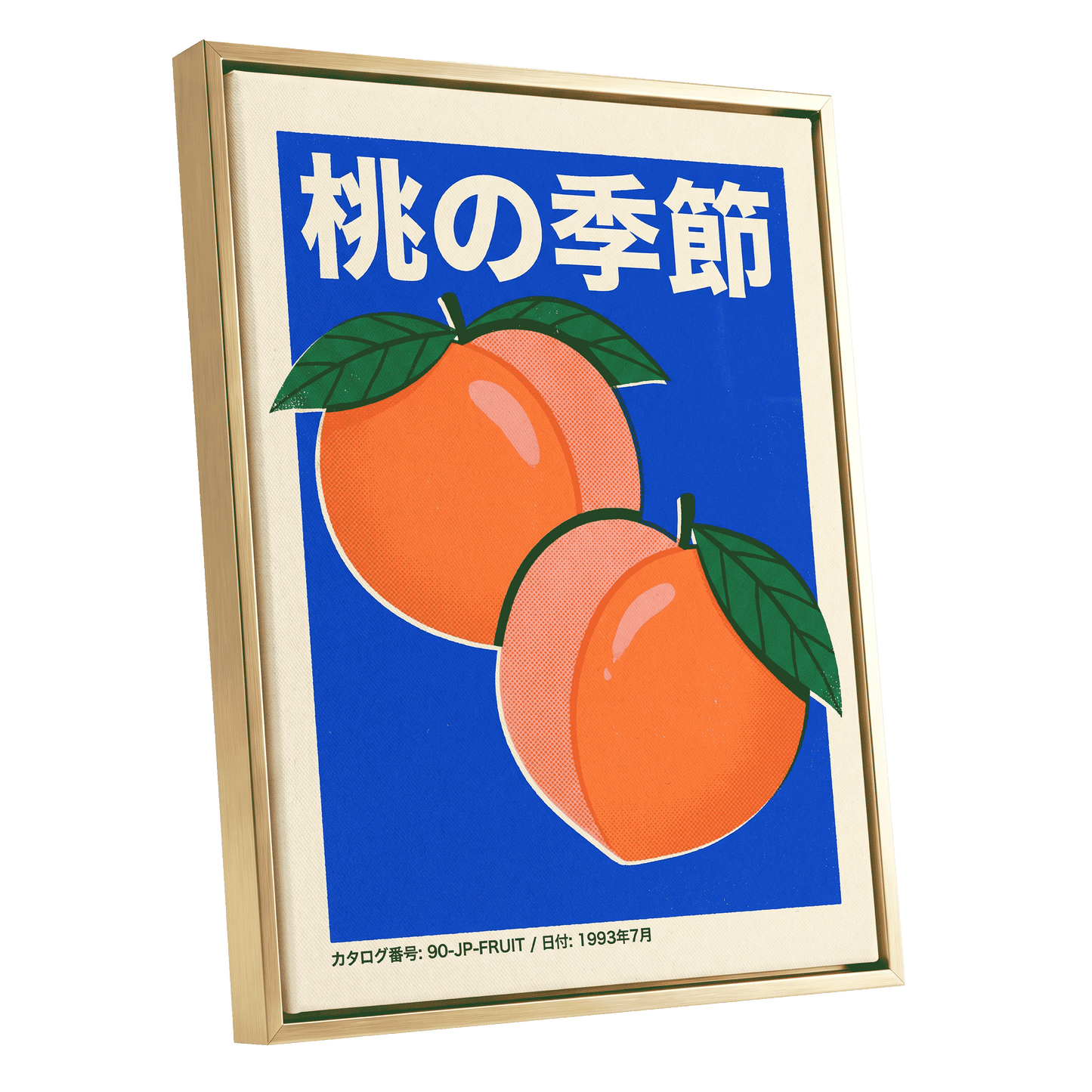 Peach Season in Blue, blue, orange, green nature wall art shown as a gold framed canvas wall art