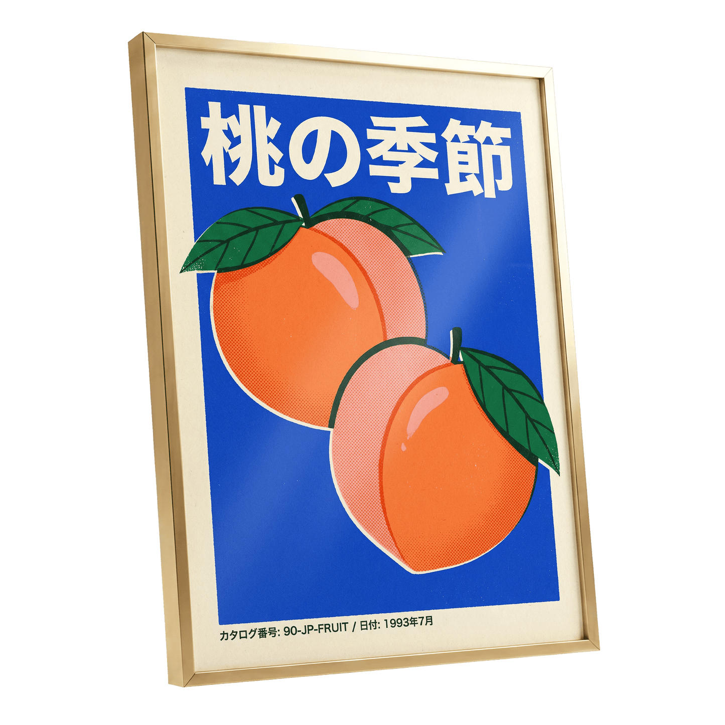 Peach Season in Blue, blue, orange, green nature wall art shown as a gold framed poster wall art print