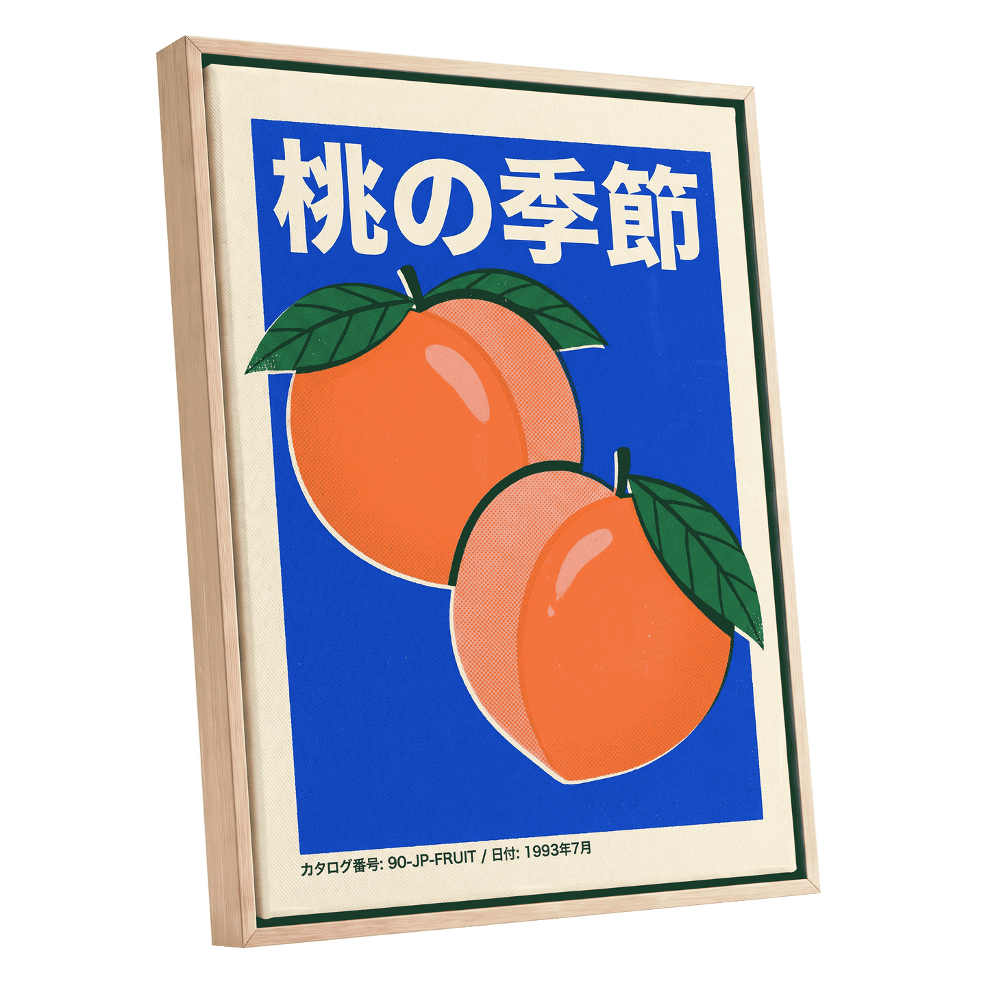 Peach Season in Blue, blue, orange, green nature wall art shown as a oak framed canvas wall art
