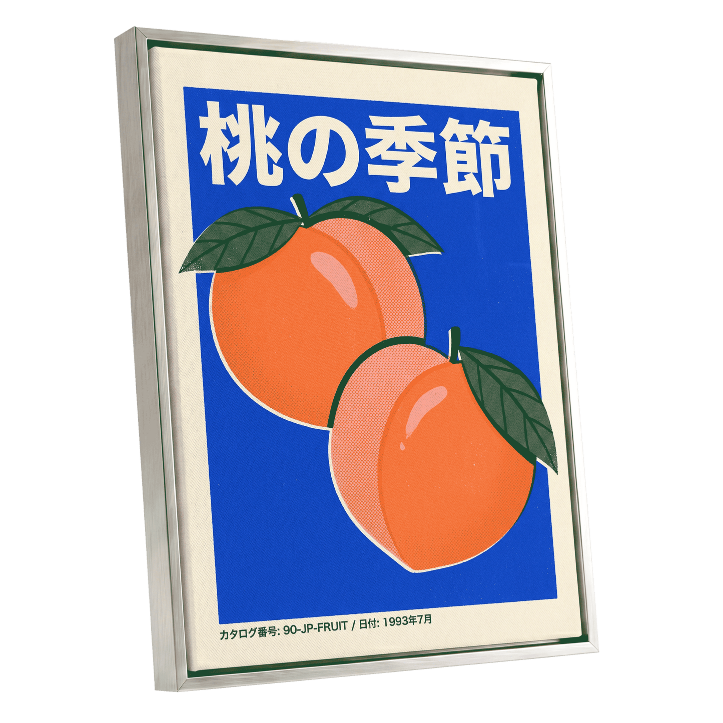 Peach Season in Blue, blue, orange, green nature wall art shown as a silver framed canvas wall art