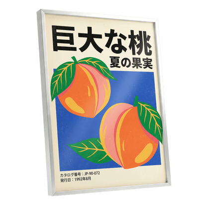 Peach Season in Blue, black, green, beige nature wall art shown as a silver framed poster wall art print