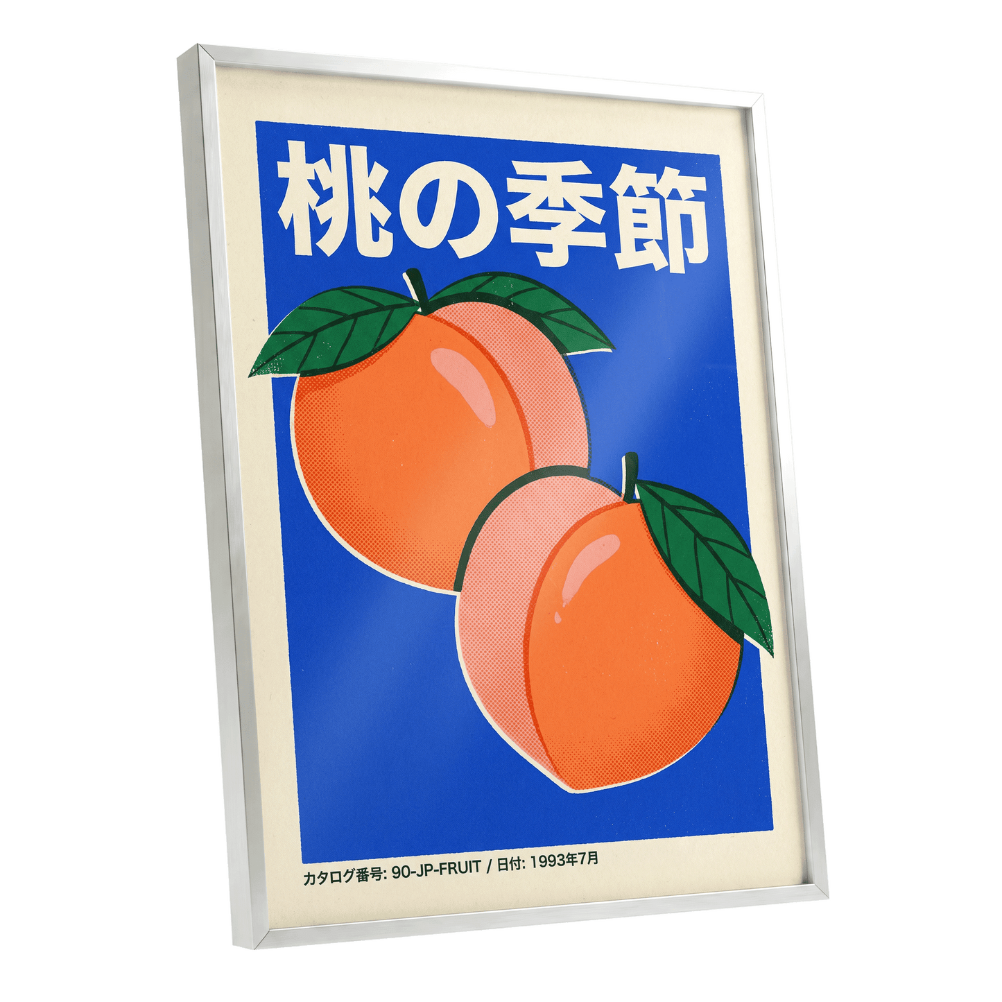Peach Season in Blue, blue, orange, green nature wall art shown as a silver framed poster wall art print