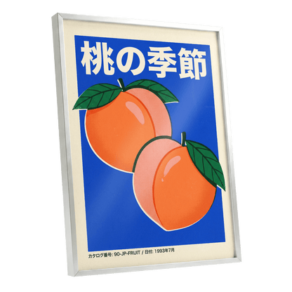 Peach Season in Blue, blue, orange, green nature wall art shown as a silver framed poster wall art print