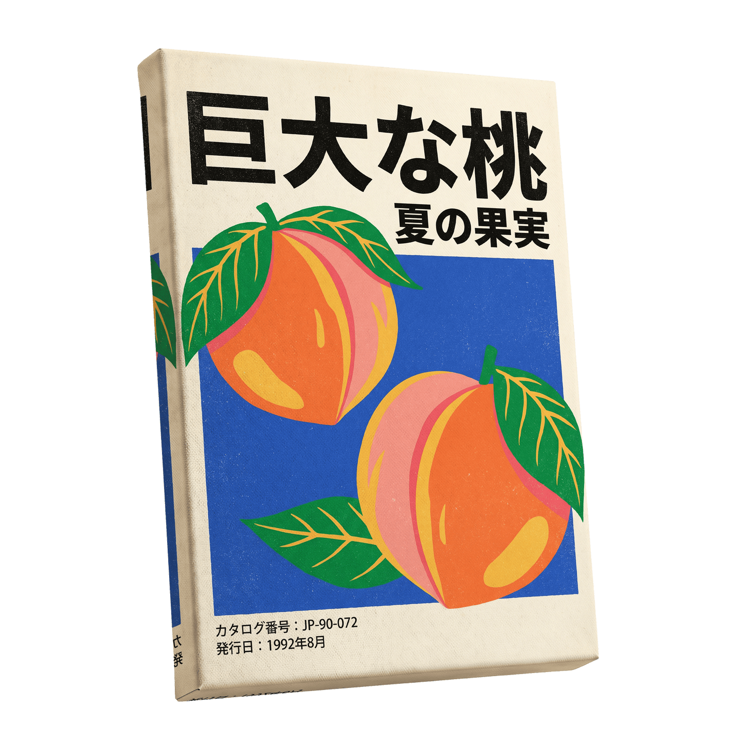 Peach Season in Blue, black, green, beige nature wall art shown as a stretched canvas wall art