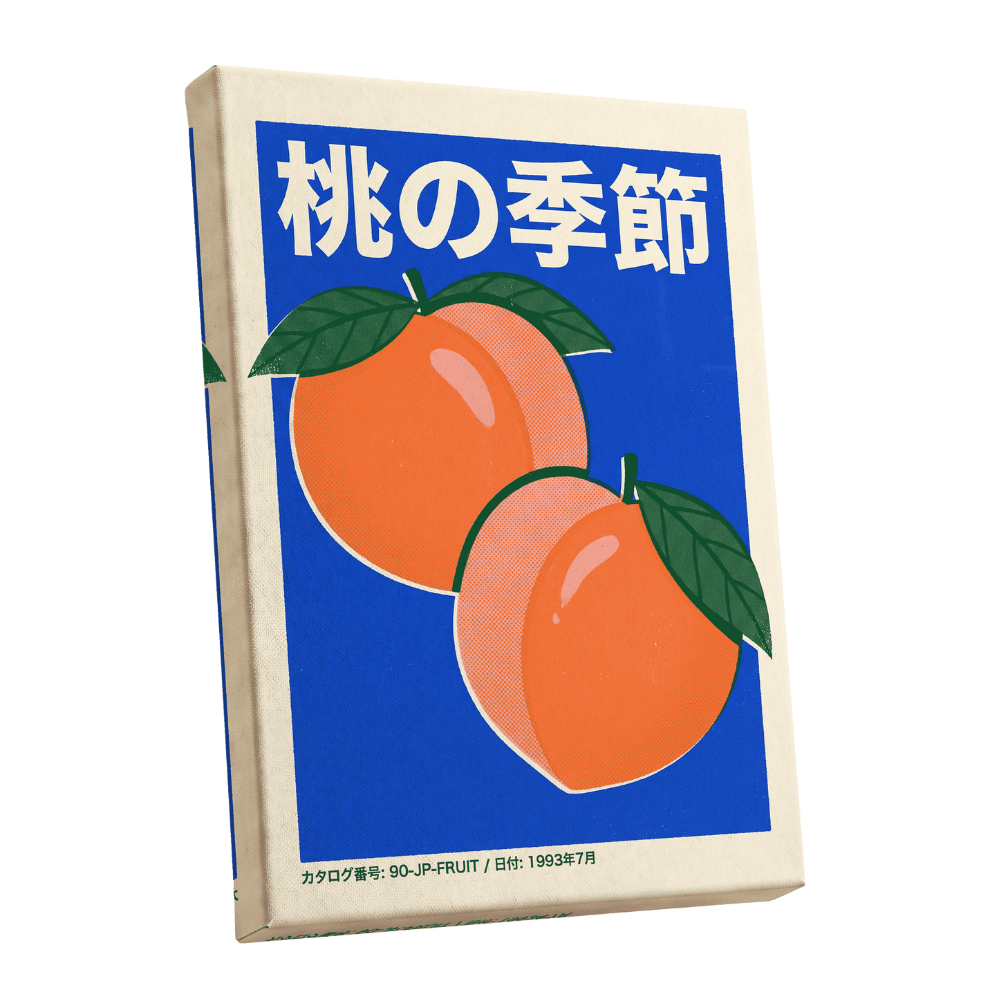 Peach Season in Blue, blue, orange, green nature wall art shown as a stretched canvas wall art