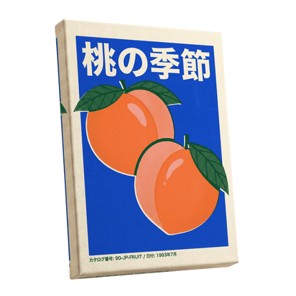 Peach Season in Blue, blue, orange, green nature wall art shown as a stretched canvas wall art
