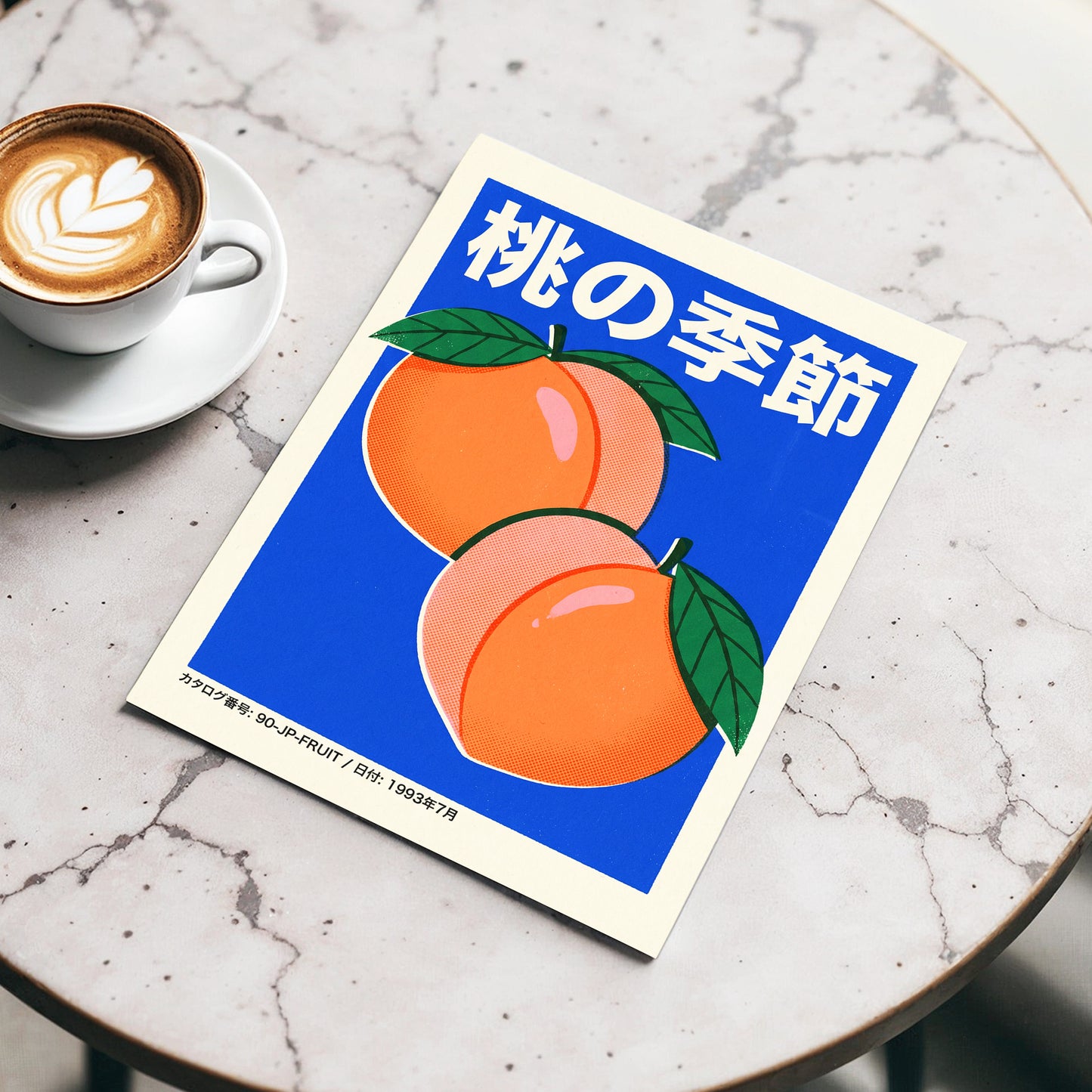 Peach Season in Blue, blue, orange, green nature wall art displayed in a styled interior, gallery view 3