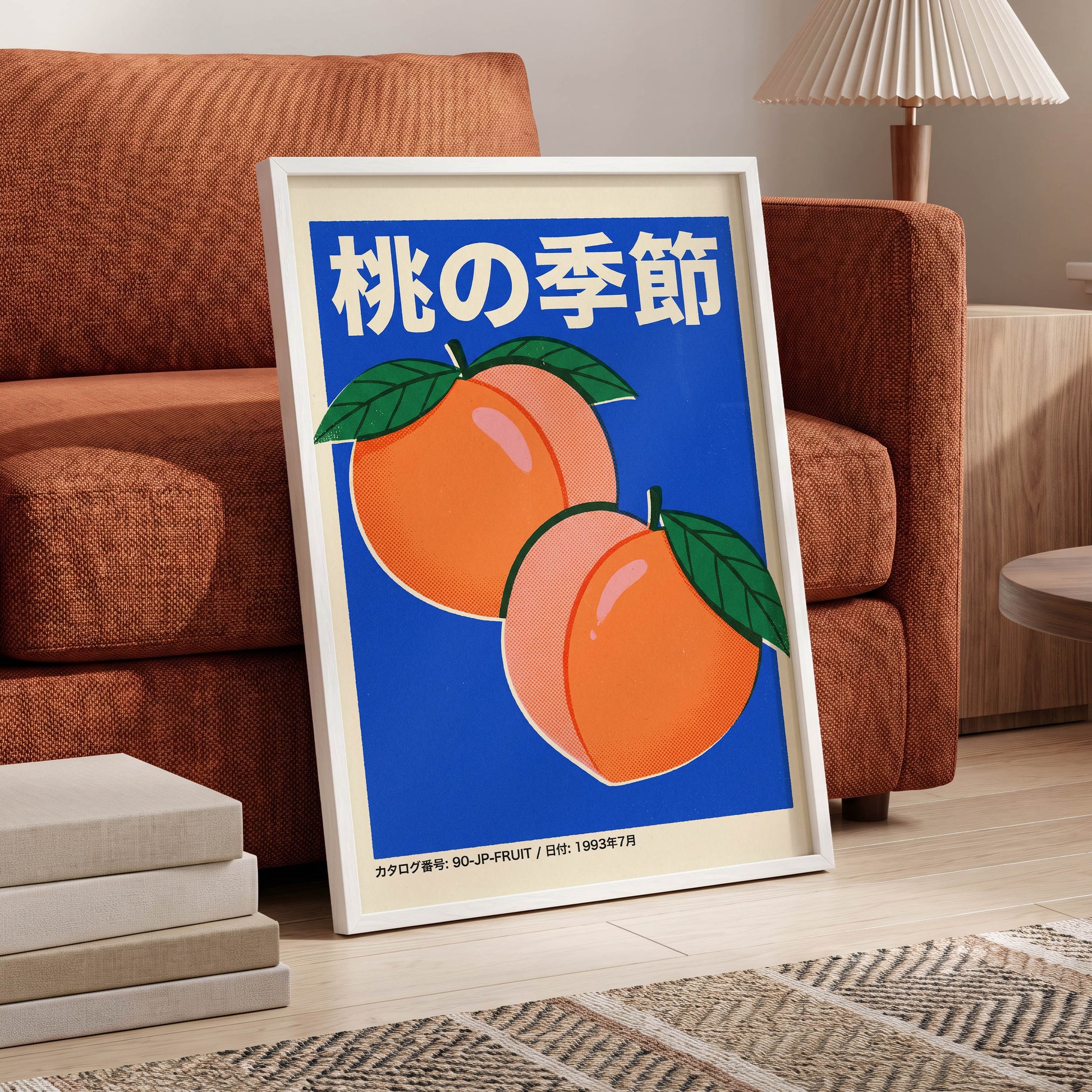 Peach Season in Blue, blue, orange, green nature wall art displayed in a styled interior, gallery view 6