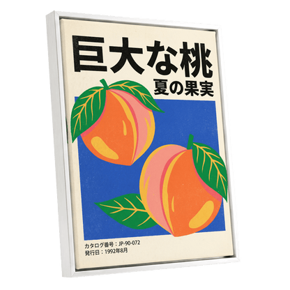 Peach Season in Blue, black, green, beige nature wall art shown as a white framed canvas wall art