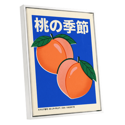 Peach Season in Blue, blue, orange, green nature wall art shown as a white framed canvas wall art
