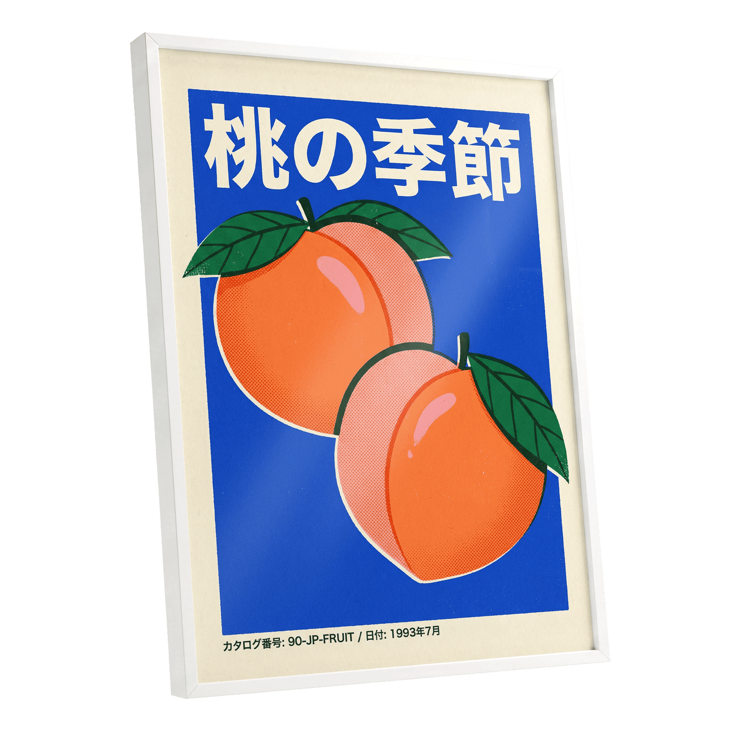 Peach Season in Blue, blue, orange, green nature wall art shown as a white framed poster wall art print
