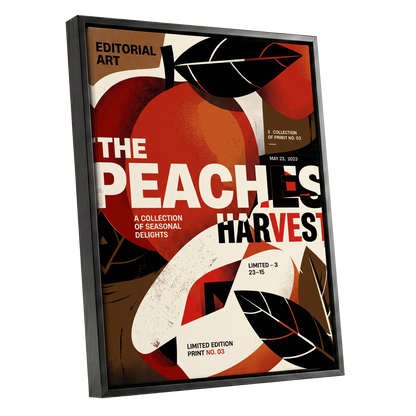 Peaches in Print, red, black, beige abstract wall art shown as a black framed canvas wall art