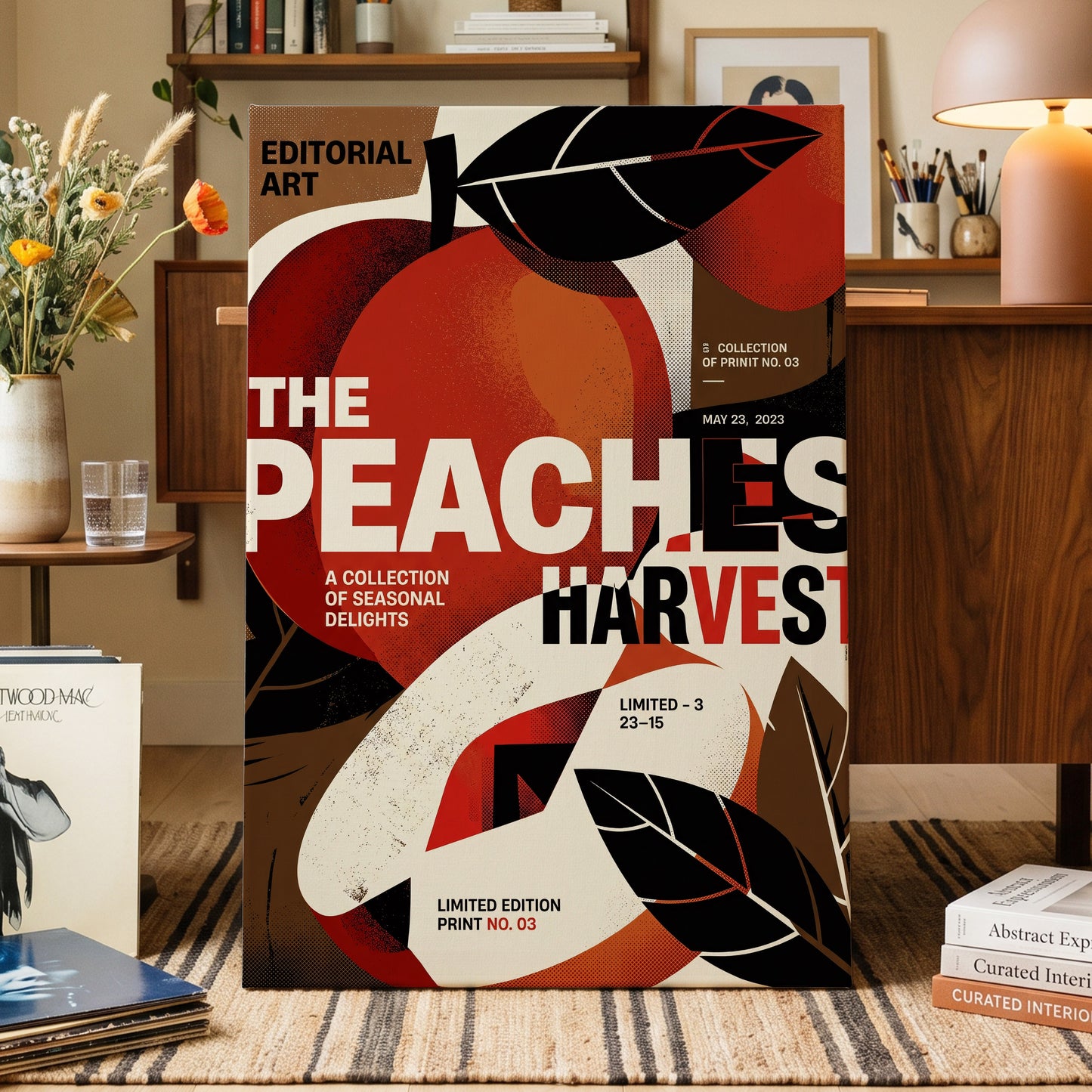 Peaches in Print, red, black, beige abstract wall art on canvas displayed in a styled interior, gallery view 1